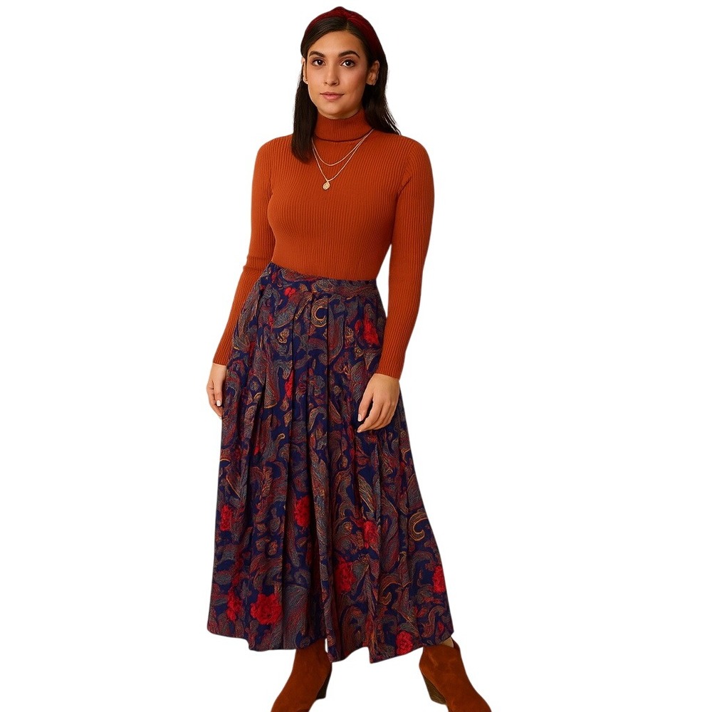 Vintage Pinnacle Blue Red Rayon Pleated Skirt 90s Paisley Boho Made in USA Sz 10